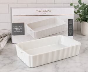 Tahari Home Ceramic Casserole Dish – 10.5” x 5.3” x 2.17” – White Stoneware